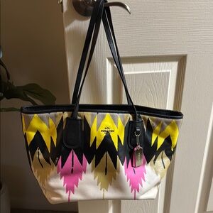 Coach Women's Tote Bag in Black, Yellow, Pink, and Cream